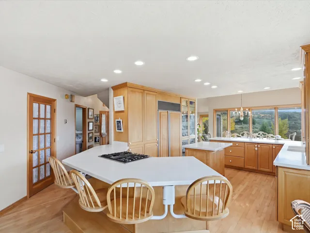 Kitchen featuring light wood cabinetry, white countertops, a multi-level breakfast bar with an integrated gas cooktop, recessed lighting, and wood-finish flooring