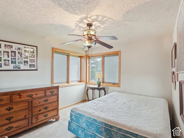 Room featuring natural light, neutral carpeting, and a multi-blade ceiling fan with decorative glass lighting