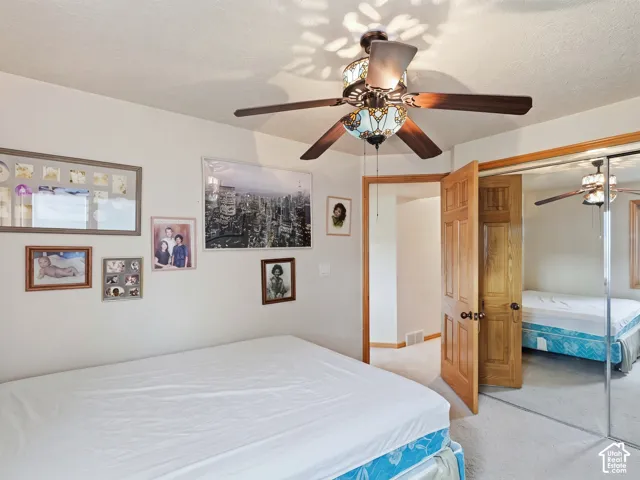 Multi-blade ceiling fan with integrated stained glass light fixture and mirrored sliding closet doors with natural wood trim