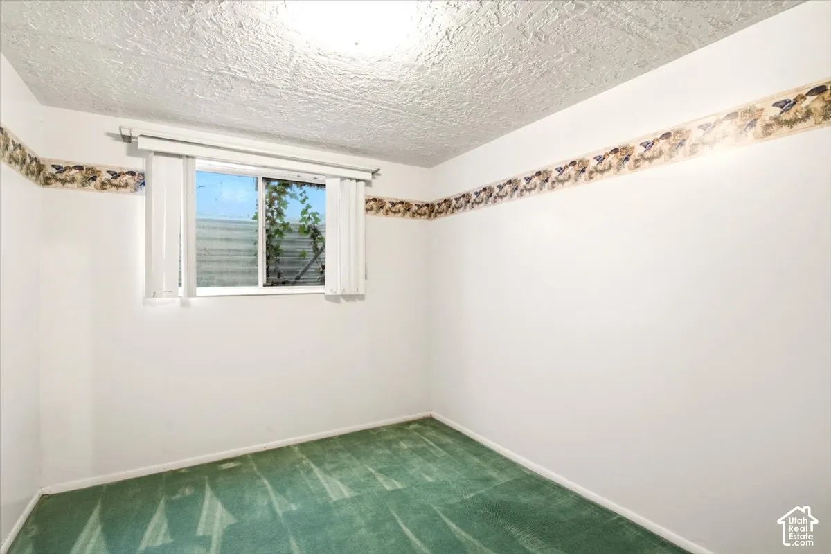Room featuring wall-to-wall carpeting, a sliding window with vertical blinds, and a textured ceiling