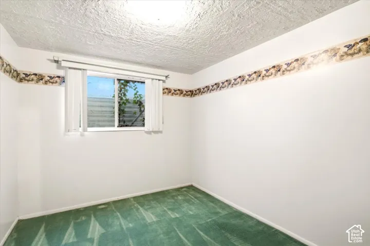 Room featuring wall-to-wall carpeting, a sliding window with vertical blinds, and a textured ceiling