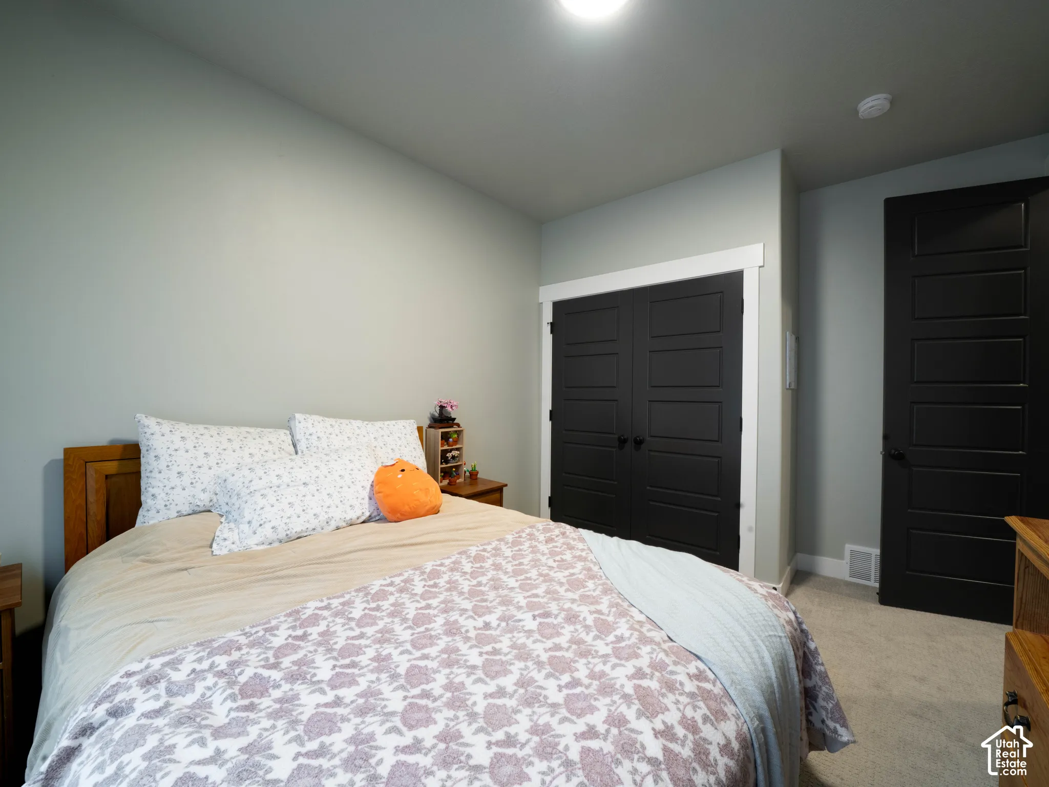 Neutral wall color, wood bed frame, black paneled doors, white trim, carpeted flooring
