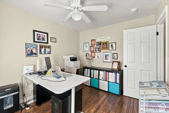 Wood-finish flooring, white paneled door, and ceiling-mounted light fixture with fan blades