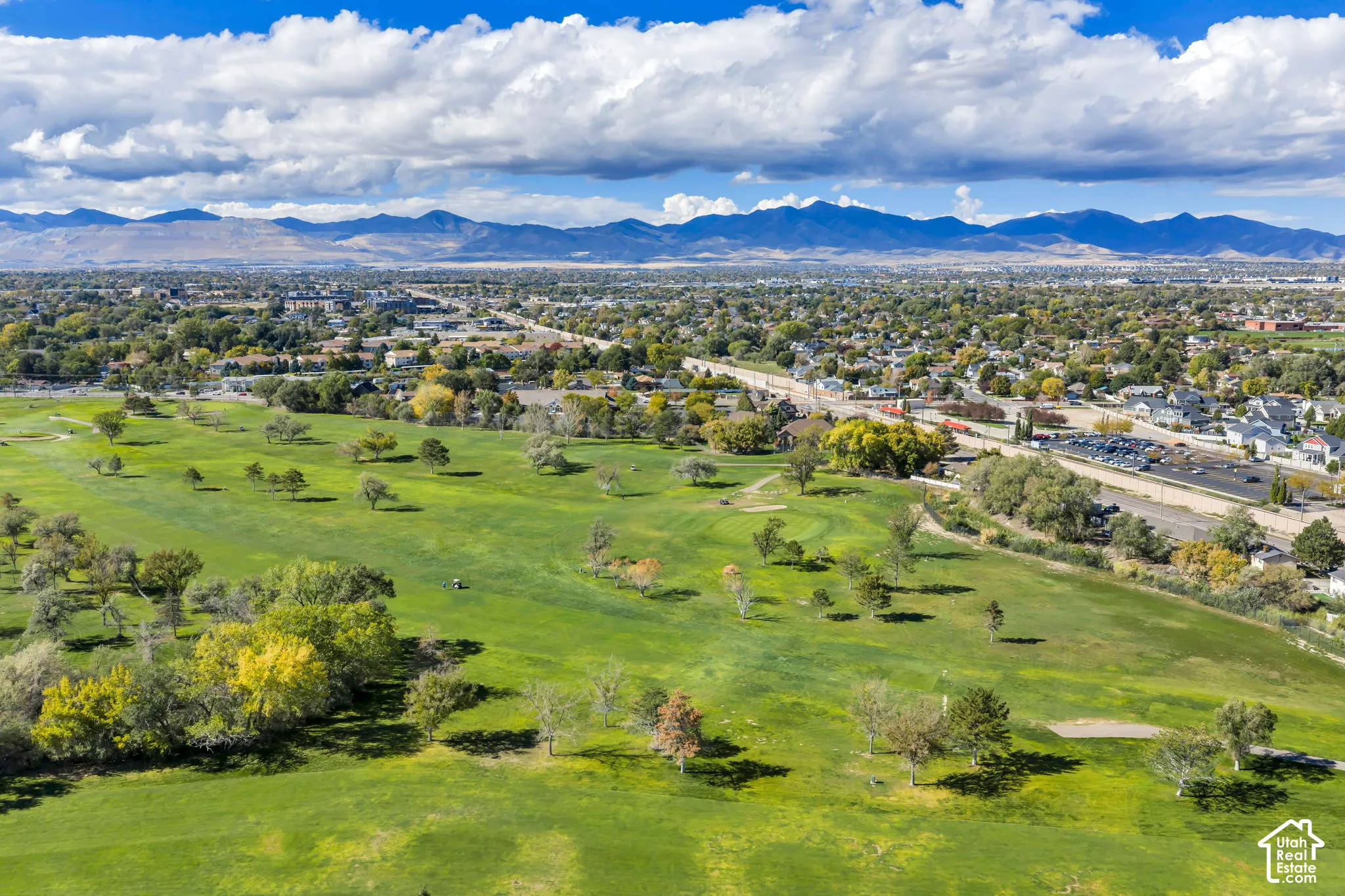Aerial perspective of expansive open greenspace featuring mature trees and a mountain range backdrop