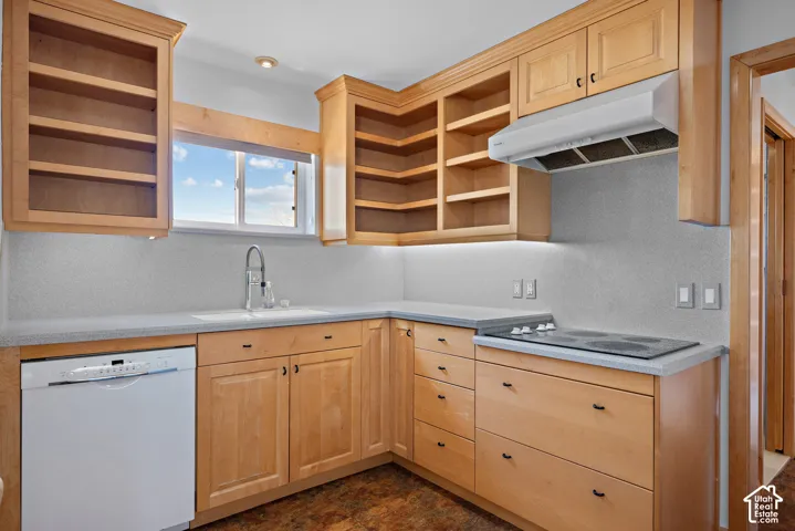 Kitchen featuring natural wood cabinetry with open shelving, solid surface countertops, a white top-control dishwasher, an electric cooktop with an integrated range hood, and a dual-handle faucet