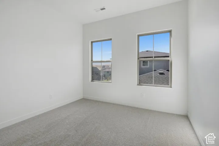 Neutral interior space featuring high-pile carpeting and dual-pane windows with grid detailing
