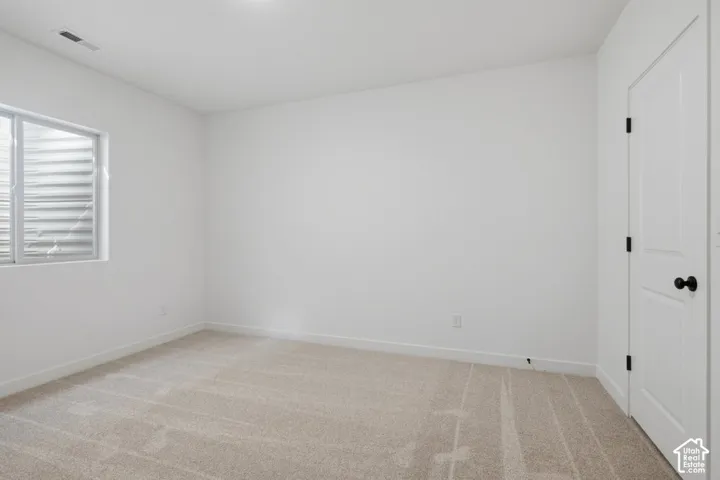 Neutral-toned wall-to-wall carpeting, crisp white wall finish, single-panel interior door with matte black hardware, and a window with a corrugated metal egress well