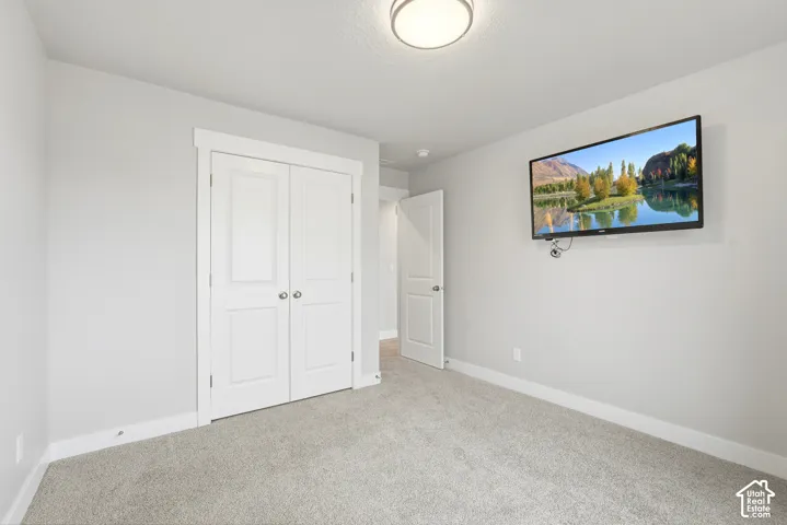 Neutral interior featuring wall-to-wall carpeting, white two-panel closet doors, crisp white door trim, and a ceiling-mounted flush light fixture