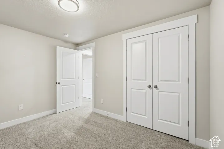 Room featuring neutral wall paint, wall-to-wall carpeting, white two-panel interior doors, and closet with double doors