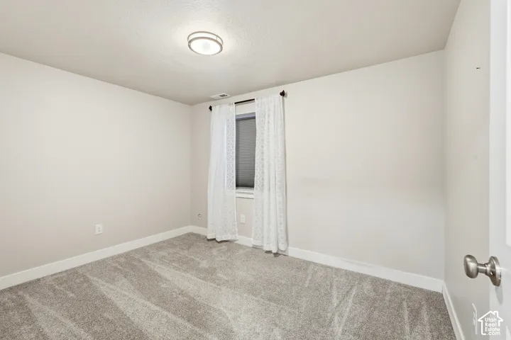 Neutral-toned room featuring wall-to-wall carpeting, a flush-mount ceiling light fixture, and a single window with a curtain rod