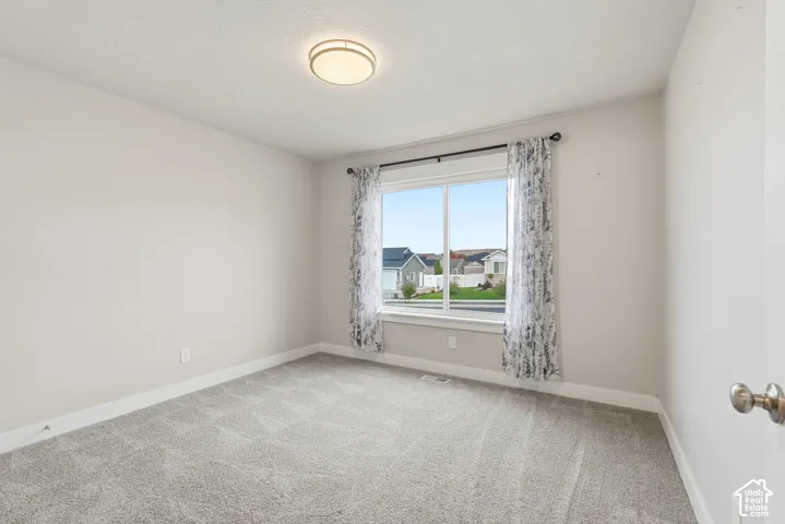 Neutral-toned carpeted flooring, large window, and central flush-mount lighting