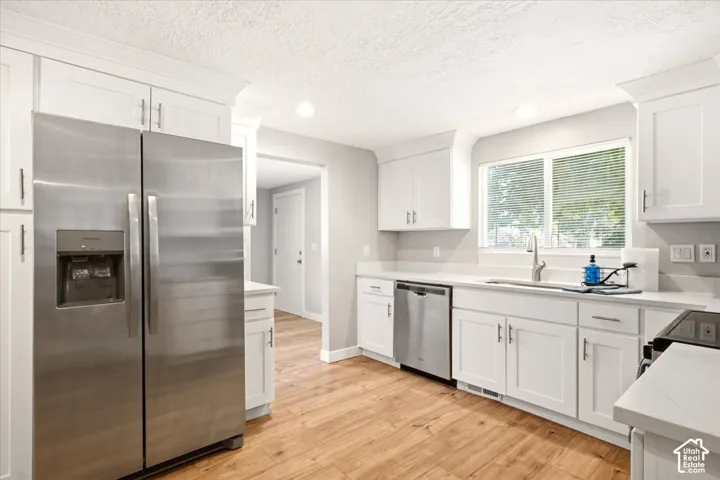 Kitchen featuring white shaker-style cabinetry, stainless steel appliances, quartz countertops, a single-basin undermount sink, and wood-finish flooring