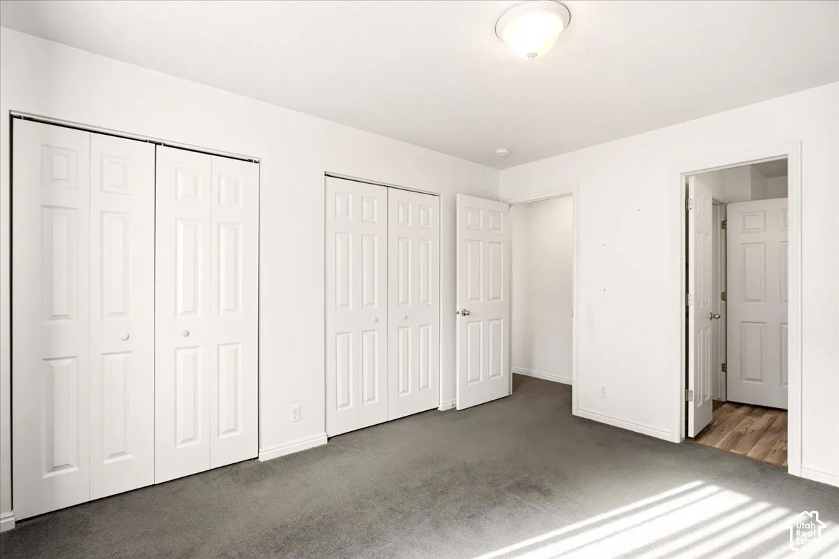 Interior room featuring neutral wall-to-wall carpeting, two sets of white paneled bi-fold closet doors, a classic white interior door, and a flush-mount ceiling fixture