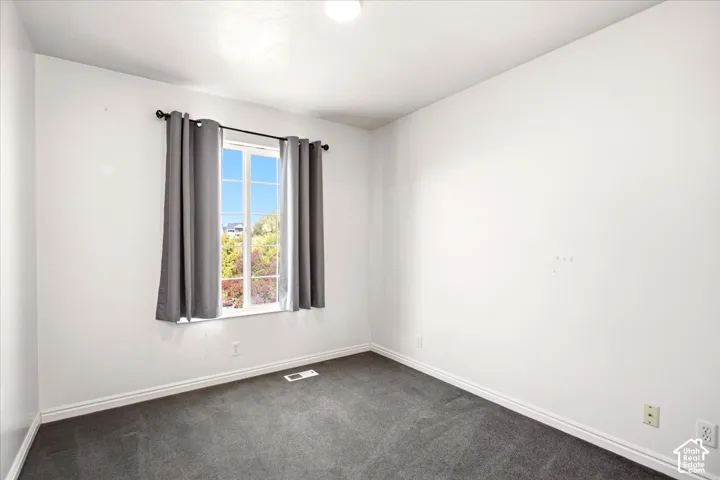 Room featuring neutral wall finishes, carpeting, and a single-pane window with a curtain rod