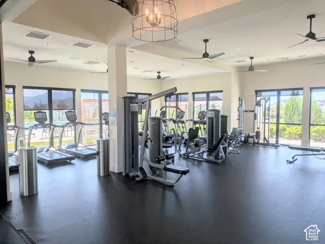 Fitness center featuring high ceilings, rubberized flooring, ceiling fans, oversized windows, and a cage-style light fixture