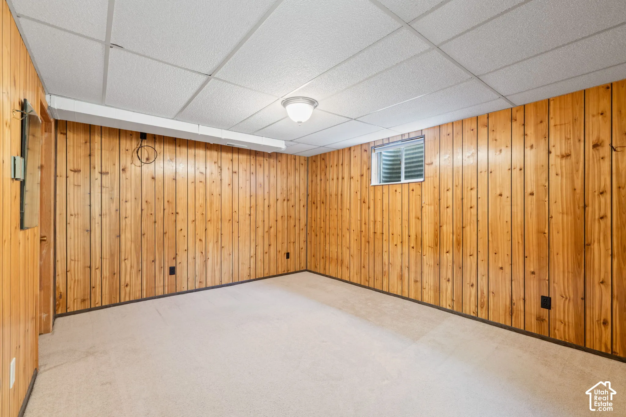 Wood-paneled walls, neutral carpeting, drop ceiling, and a recessed window with a window well