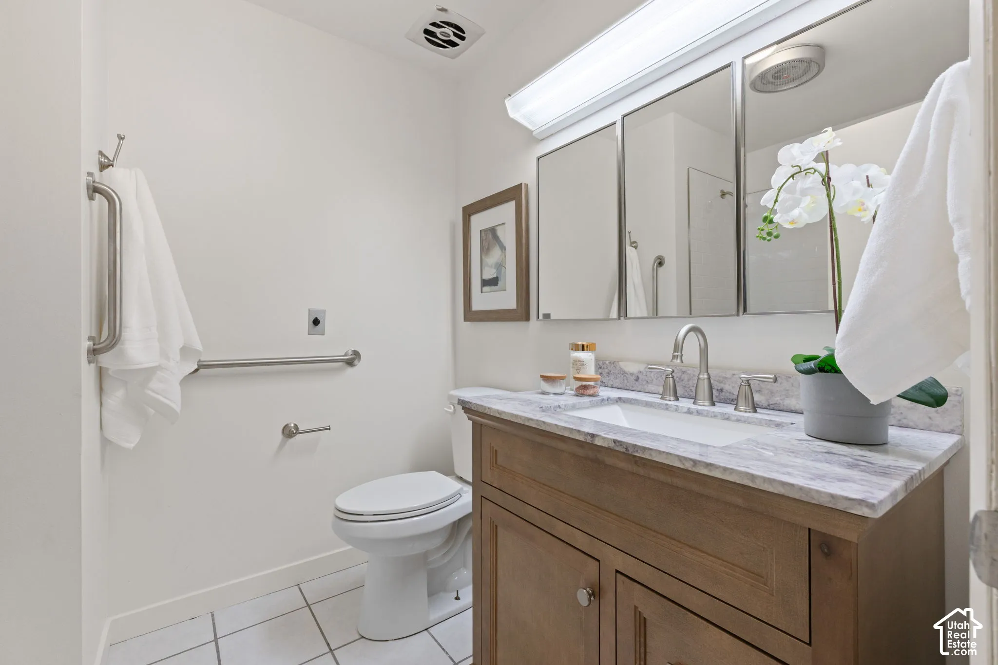 Wood-finish vanity with stone countertop, integrated sink, metal wall-mounted grab bars, three-panel medicine cabinet, and tile flooring