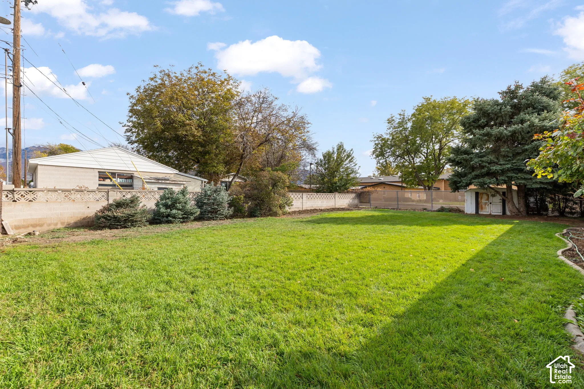 Expansive backyard featuring a large grass lawn, mature trees, ornamental concrete block fencing, and a detached storage structure