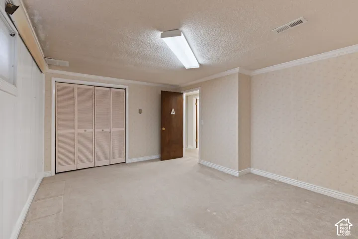 Room featuring wall-to-wall carpeting, textured ceiling, tri-fold louvered closet doors, and a solid-core wood door