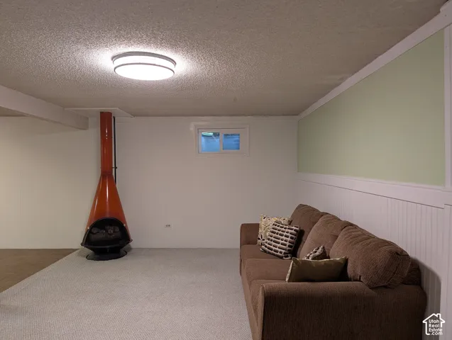 Mid-century modern freestanding metal fireplace, wainscoting with chair rail, and carpeted flooring