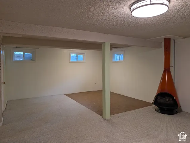 Finished space featuring wall-to-wall carpeting, three horizontal windows, a structural support column, and a freestanding conical fireplace
