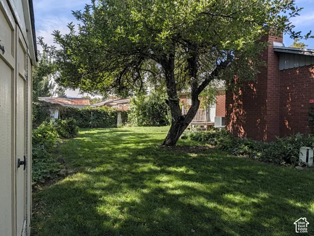 Backyard featuring a mature deciduous tree, brick exterior chimney, lawn area, and perimeter greenery