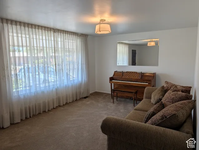 Living area featuring floor-to-ceiling windows, wall-to-wall carpeting, neutral wall finishes, a mounted wall mirror, and a semi-flush mount drum light fixture
