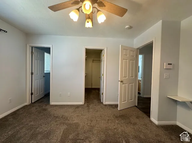 Neutral carpeting, six-panel interior doors, multi-light ceiling fan, and built-in wall shelving