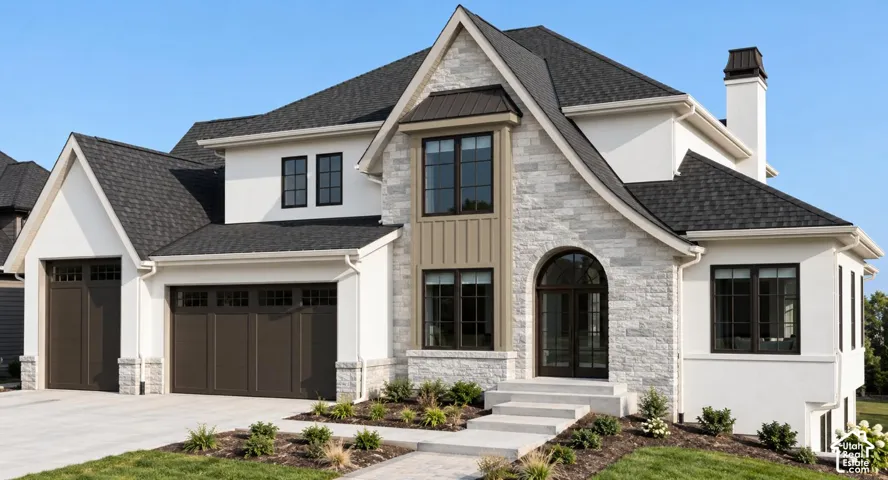 Multi-gabled exterior featuring stone masonry, smooth stucco siding, arched entryway, shingle roofing, and multi-car garage