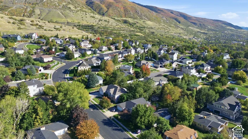 Aerial perspective featuring residential lots, mature landscaping, paved roadways, and a mountainous backdrop
