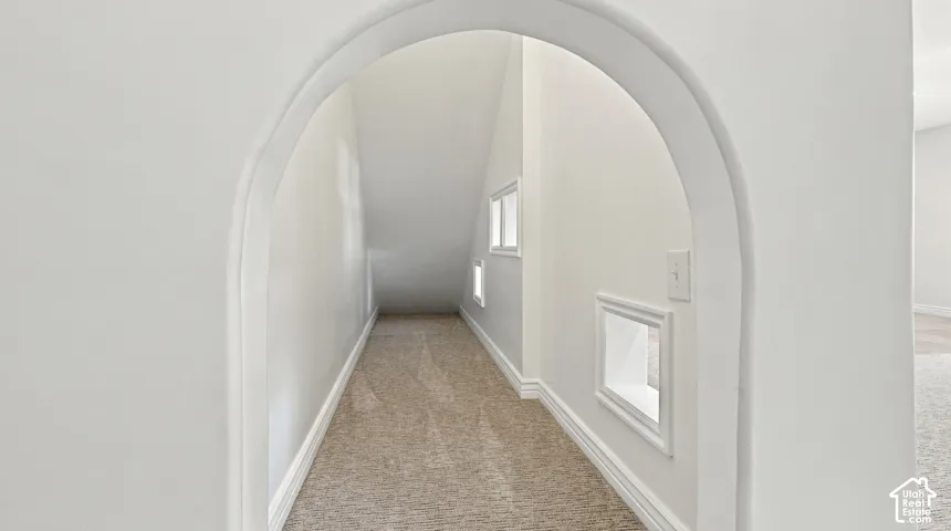 Arch-entry storage space featuring carpeted flooring and multiple built-in wall niches