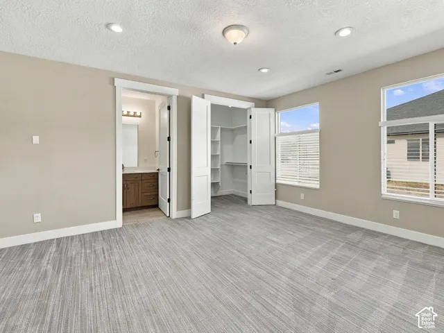 Neutral-toned room featuring textured carpeting, recessed ceiling lighting, dual-window configuration, and a walk-in closet with built-in shelving
