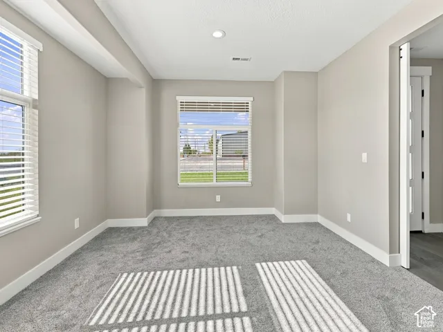 Interior space featuring neutral wall paint, carpeted flooring, multiple windows with horizontal blinds, and recessed ceiling lighting