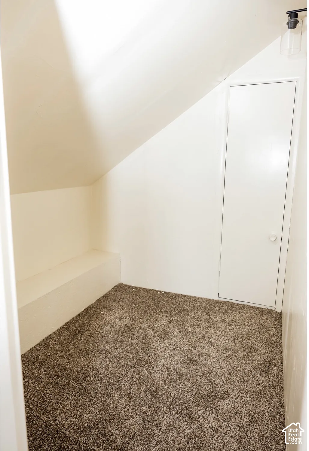 Sloped ceiling, built-in recessed shelf, neutral carpeted flooring, and a single-panel interior door