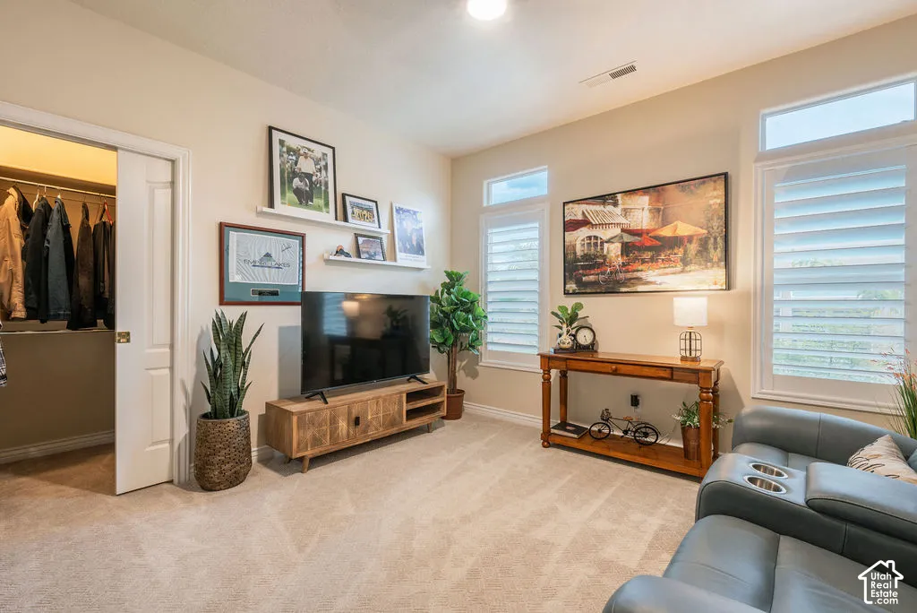 Neutral-toned interior space featuring carpeting, dual windows with plantation shutters, transom windows, and an interior sliding door