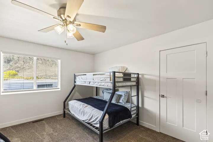 Neutral wall finish, carpeted flooring, multi-light ceiling fan, single-panel interior door, and large window with blinds