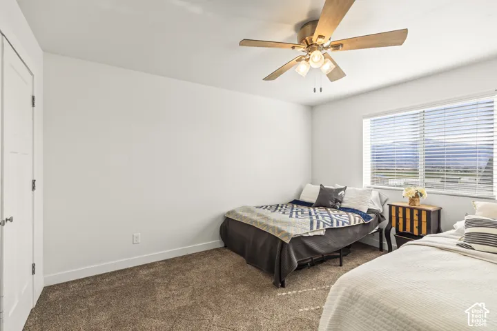 Neutral-toned wall-to-wall carpeting, ceiling fan with integrated lighting, and horizontal window blinds with a mountain backdrop