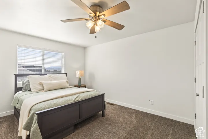 Neutral wall tones, carpeting, multi-blade ceiling fan with integrated lighting, horizontal blind window coverings, and paneled closet doors