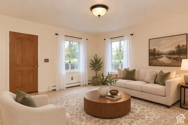 Neutral-toned walls, tile flooring, dual windows providing natural light, and a wooden entry door with raised-panel detail