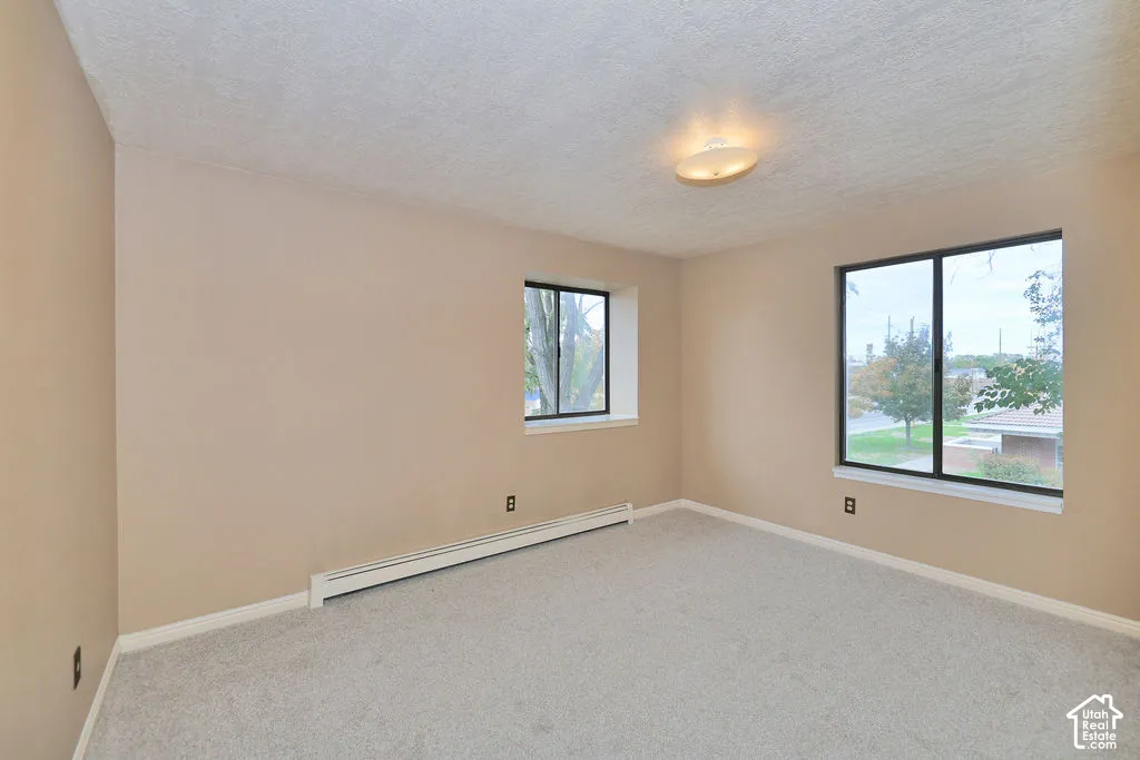 Room featuring neutral wall tones, carpeted flooring, two sliding windows with dark frames, and a flush-mount ceiling light