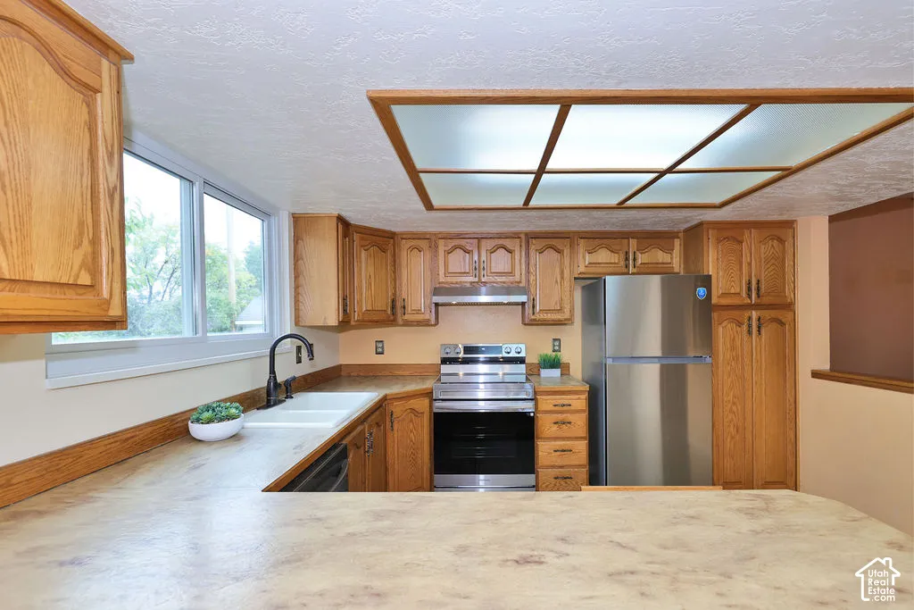 Kitchen featuring oak cabinetry, stainless steel appliances, dual-basin sink with a matte black faucet, and integrated recessed lighting