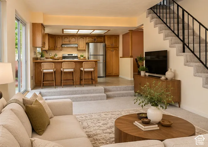 Open-concept kitchen featuring stained wood cabinetry, stainless steel appliances, a tiered peninsula, tile flooring, and a staircase with a black metal railing
