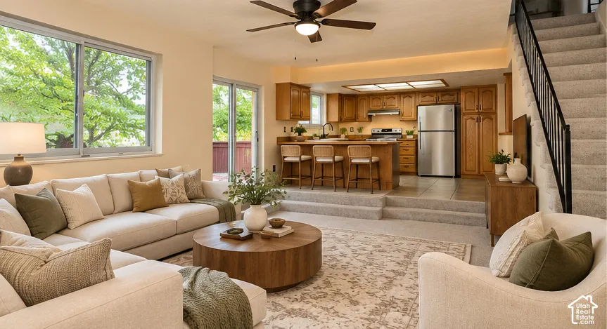 Open-concept area featuring split-level design, wooden cabinetry, stainless steel appliances, sliding glass doors, and a staircase with black metal railing