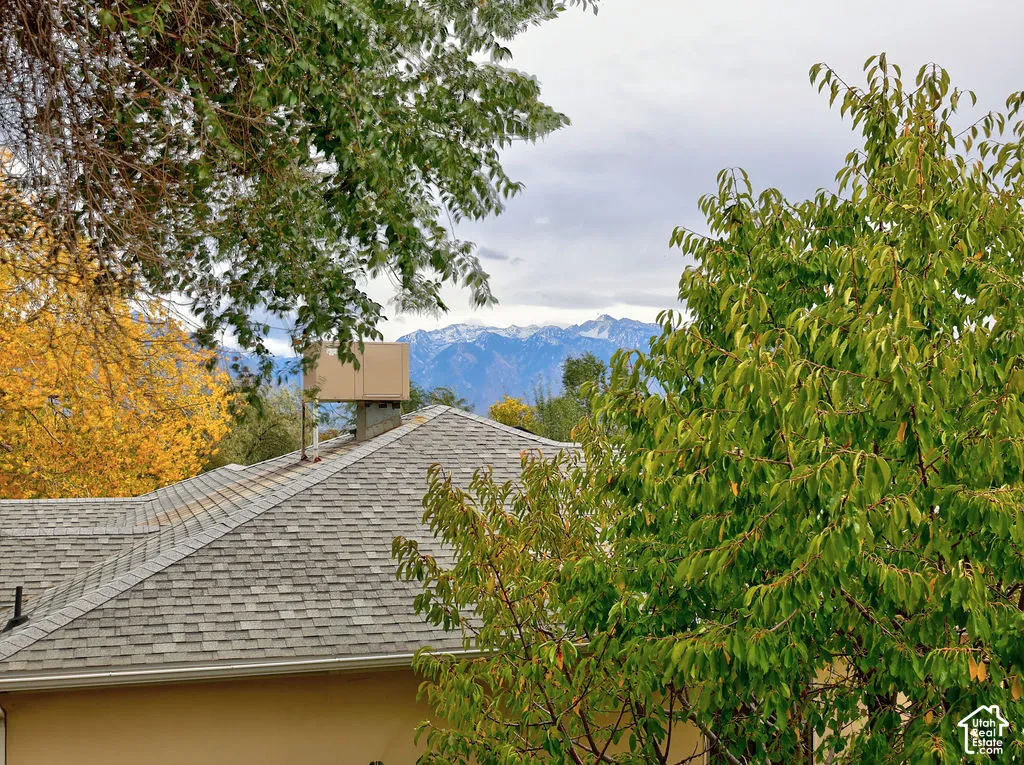 Exterior featuring a hip roof with asphalt shingles and mature surrounding foliage with mountain scenery