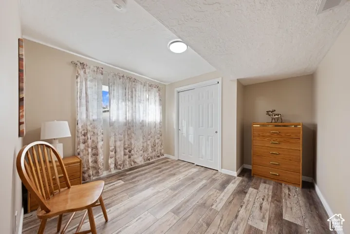 Neutral wall tones, wood-finish flooring, and double-door closet with recessed paneling