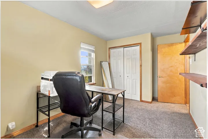 Neutral-toned room featuring a single-panel window, a double-door closet with wooden trim, a solid wood door, and wall-mounted wooden shelving