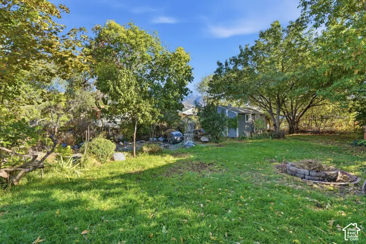 Expansive lawn featuring mature trees, a stone-lined fire pit, and a detached storage structure