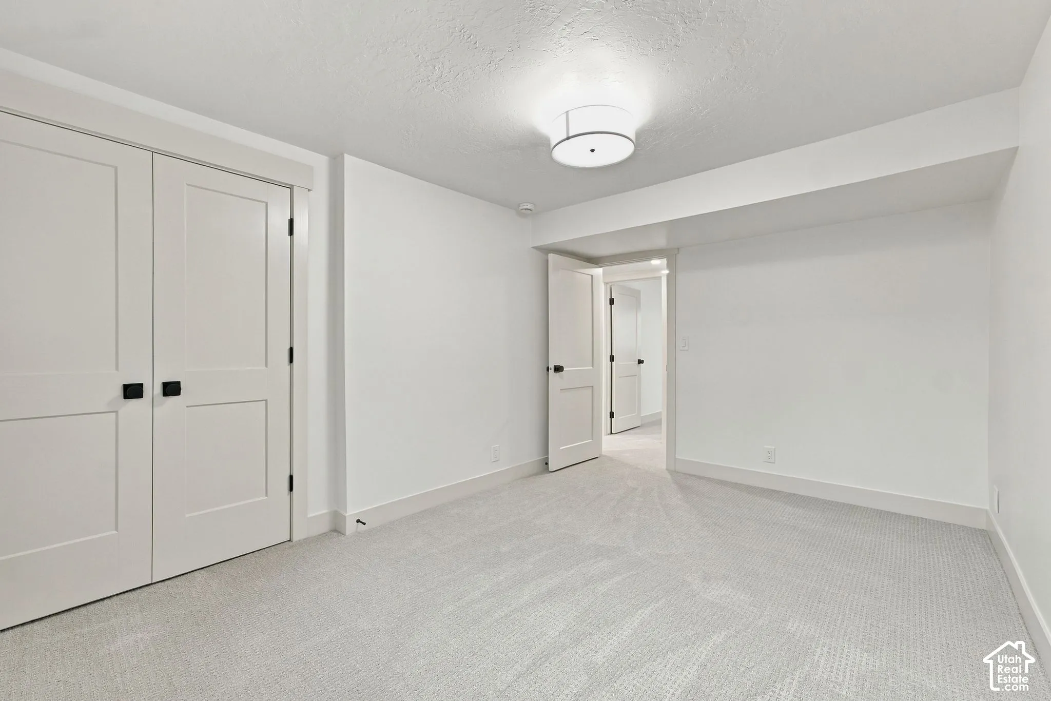 Neutral-toned carpeting, two-panel shaker-style closet doors, matte black hardware, and a contemporary drum-style ceiling light fixture