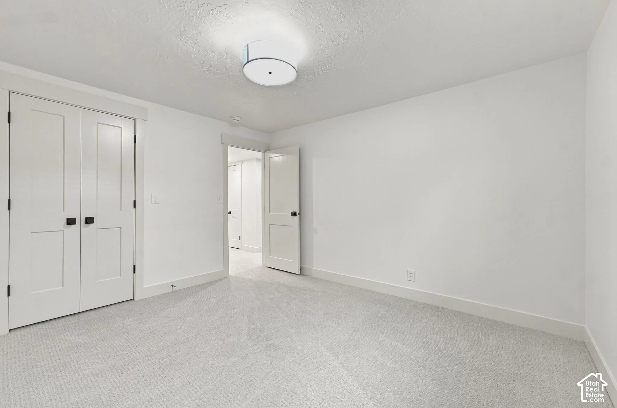 Room featuring wall-to-wall carpeting, white interior walls, two-panel shaker-style closet doors with matte black hardware, and a contemporary drum flush-mount light fixture