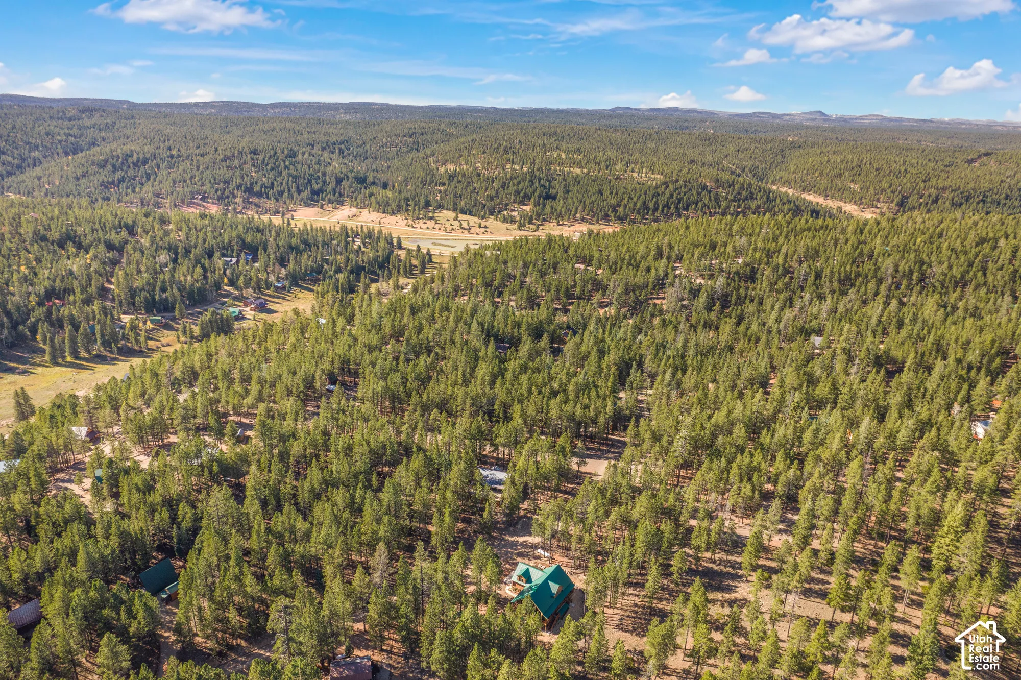 Aerial perspective of a property nestled within an expansive forest, featuring dense pine tree coverage and rolling mountainous topography